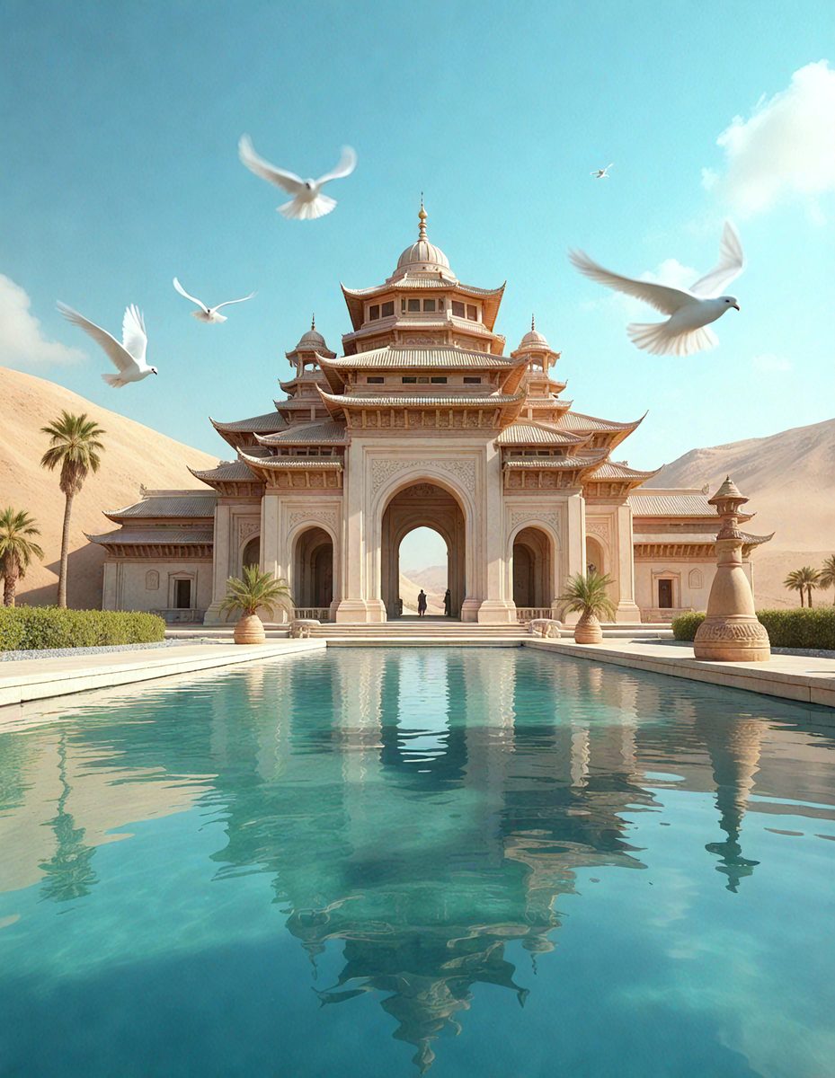 The primary subject of the image is a large, ornate building with a swimming pool in front of it. The building has a distinctive architectural style, and it is surrounded by a beautiful garden. The setting is a desert landscape, which adds to the overall atmosphere of the scene. The visual style of the image is a combination of photo and digital art, creating a unique and captivating representation of the building and its surroundings. The colors and mood of the image are predominantly warm and inviting, with the swimming pool and the garden providing a sense of relaxation and tranquility.
